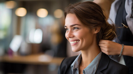 Content client in beauty establishment setting faceless person defocused salon background satisfied customer scene positive service experience professional treatment moment