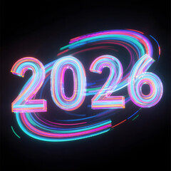 Dynamic light trails create an energetic futuristic 2026 scene.