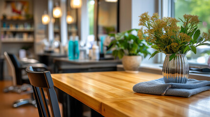 Beauty establishment room with table by window view defocused interior background natural light treatment space salon furniture display professional workspace visualization