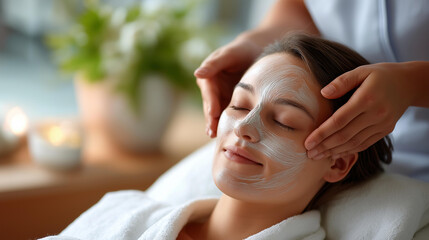 Individual enjoying facial treatment in beauty spa faceless woman defocused professional background beautician applies clay mask on client face relaxation skincare beauty