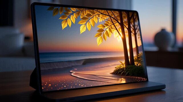 Modern digital photo frame displaying a beach sunset slideshow with golden leaves on a wooden table, illustrating smart home technology and digital memory concepts.