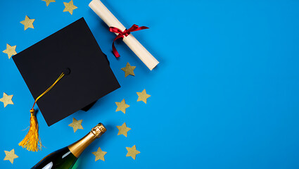 A graduation celebration flat lay with a cap, a diploma, confetti, and champagne on a blue background.
