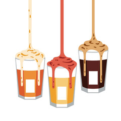 Whimsical graphic illustration of colorful sweet liquid drizzles artfully pouring into modern stylized glasses with a playful culinary theme