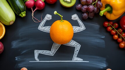 Orange with drawn muscles surrounded by fresh fruits and vegetables symbolizing healthy nutrition
