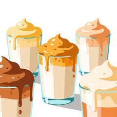Artistic illustration of various creamy whipped drinks in glasses, offering delightful flavors for refreshment