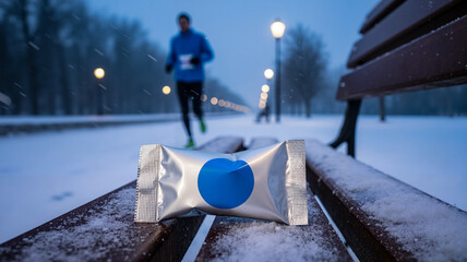 Energy gel package on snow with runner in winter park background