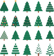 Collection of diverse stylized Christmas trees in green and white holiday festive