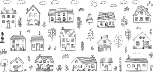 Collection of hand-drawn doodle houses and trees with sun and clouds home building © MD MOZAMMEL HAQUE