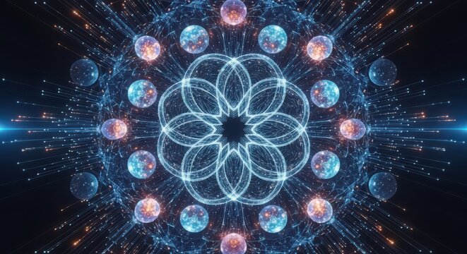 Glowing Blue and Orange Orbs and Geometric Pattern on Black Background abstract