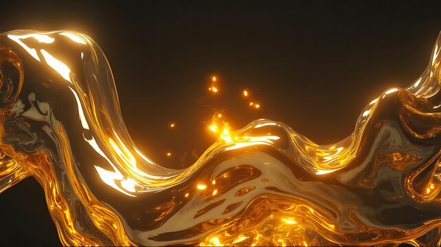 Golden liquid splash flowing with glowing particles in dark background
