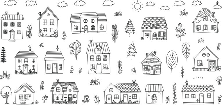 Collection of hand-drawn doodle houses and trees with sun and clouds home building