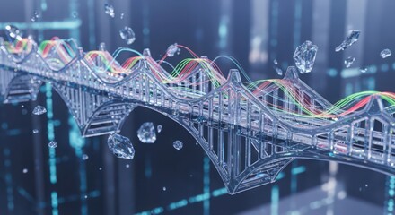 Transparent bridge structure with colorful data streams and floating crystals glass