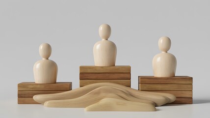 Wooden figures standing on podium with fallen figure symbolizing inequality
