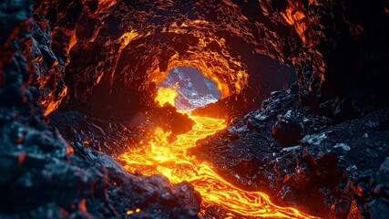Molten Lava River Flowing Through a Dark Volcanic Cave with Distant Snowy Mountains - Powered by Adobe