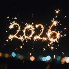 Sparkler lights create glowing 2026 digits in a warm celebratory setting.