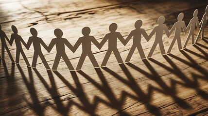 Paper chain people holding hands casting long shadows on wooden surface
