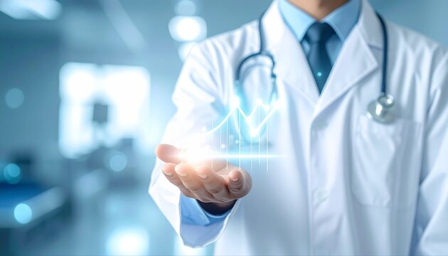 Professional Doctor Holding a Glowing Growth Graph Representing Innovation and Progress in Modern Healthcare