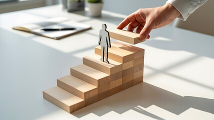 Paper figure climbing wooden steps with helping hand supporting progress
