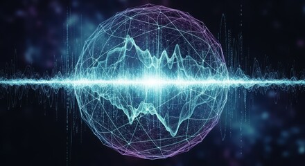 Glowing digital sphere with sound wave and binary code data technology