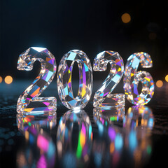 Crystal-themed elegant 2026 digits with refracted rainbow lighting.