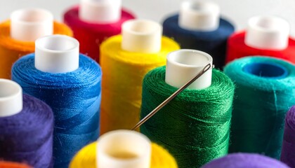 Close-up of vibrant colored thread spools with a needle in the green one. Focus on texture and color