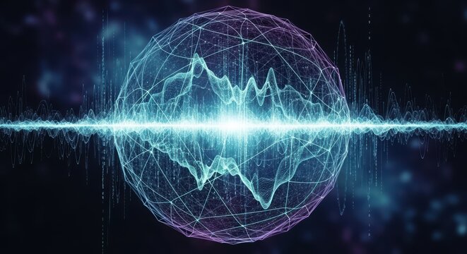 Glowing digital sphere with sound wave and binary code data technology - Powered by Adobe