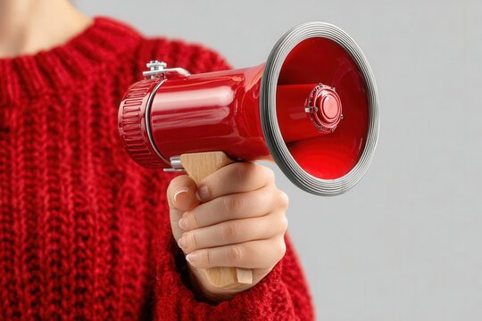 Passionate announcement made with a vintage red megaphone, conveying urgent messages with impactful sound projection for communication success.