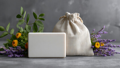 Natural handmade soap bar with lavender and floral accents in a rustic setting