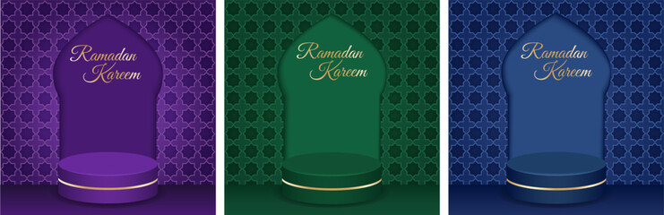 Set of square vector banners featuring Ramadan podiums, traditional blue, purple, and green patterns