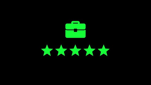 briefcase icon with five stars on black, symbolizing professional success, career achievement, business excellence, toptier quality, and outstanding service