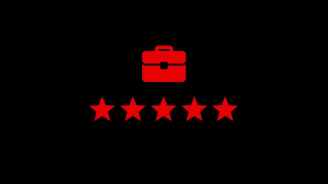 briefcase icon with five stars on black, symbolizing professional success, career achievement, business excellence, toptier quality, and outstanding service