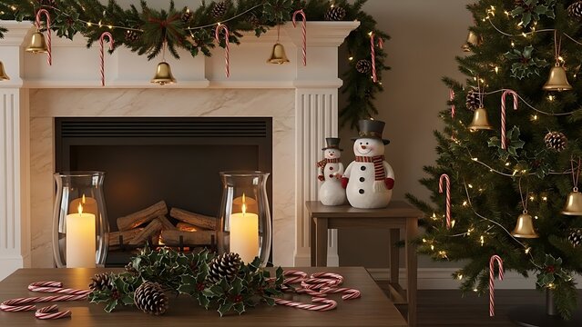 Cozy Christmas fireplace scene with decorated mantel, charming snowmen, and festive tree, perfect for holiday greetings and warm winter wishes