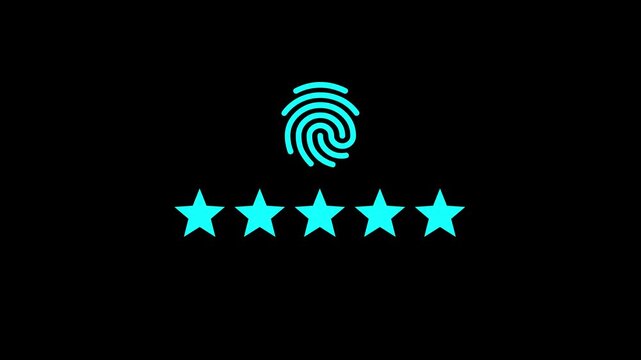 A video player interface featuring a yellow fingerprint icon, adobe stock branding, and a fivestar rating, symbolizing digital content quality and security