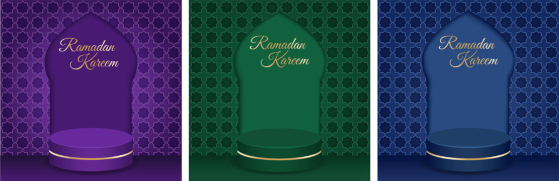 Set of square vector banners featuring Ramadan podiums, traditional blue, purple, and green patterns