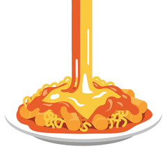 Deliciously gooey cheese sauce cascading over a vibrant plate of hot noodles and savory sausages, a perfect comfort food illustration