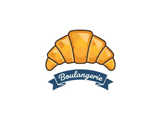 Golden Croissant With Boulangerie Text On Blue Ribbon Over Black Background Flat Design Pixel Art Style