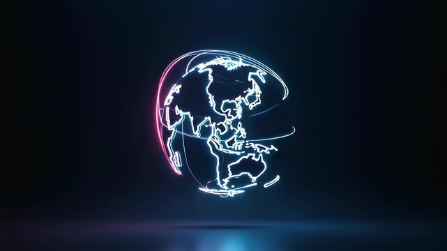 A vibrant neon representation of earth against a dark backdrop. the glowing lines form a radiant global network, symbolizing connectivity and modern technology. ideal for tech-focused designs and futu