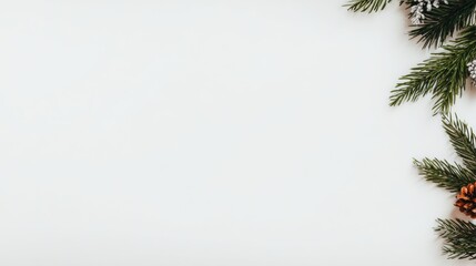 A serene, minimalistic holiday composition featuring evergreen branches and pine cones against a clean, white background.