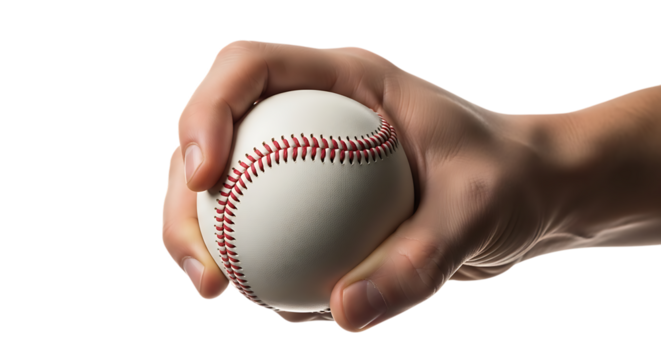 Close up of a hand holding a baseball isolated on transparent background