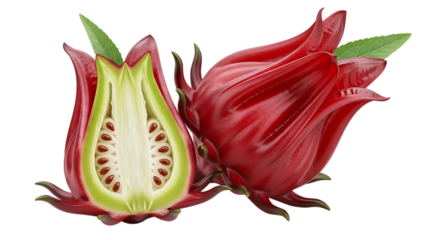 Two vibrant red roselle hibiscus calyces one cut in half showing seeds isolated on transparent background