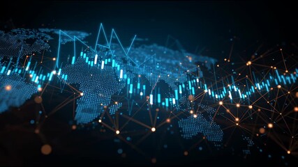Financial Data World: Dynamic data visualization, showcasing the intricate web of global financial activities and market trends with a map overlay, financial analytics, and economic indicators.  - Powered by Adobe