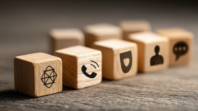 Wooden cubes with icons representing communication, security, networking, and support on a rustic wooden background for modern digital concepts