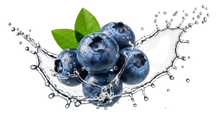 Fresh blueberries splashing in water isolated on transparent background