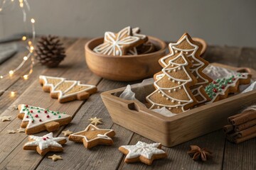 Decorated Gingerbread Cookies Shaped Like Stars and Trees