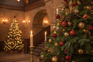 Decorated Christmas tree with gold and red ornaments in a warm home