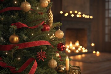 Decorated Christmas tree with red ribbons and gold ornaments