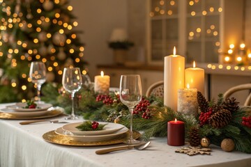 Festive Christmas Dinner Table Decorated with Candles and Wine