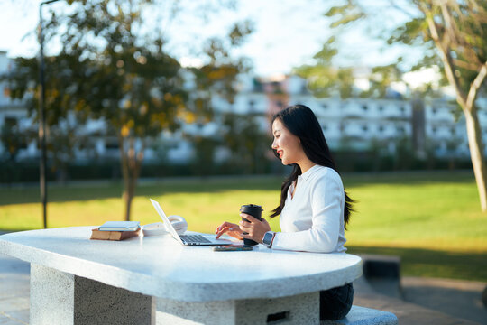 Young woman working on laptop in park remote studying