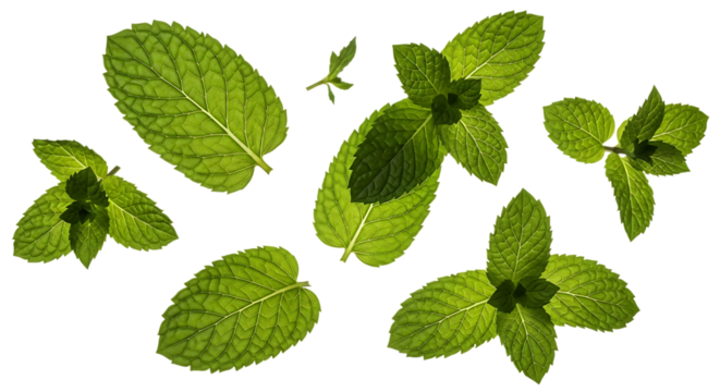 Fresh green mint leaves scattered isolated on transparent background - Powered by Adobe