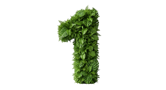 Green number one made of leaves isolated on transparent background